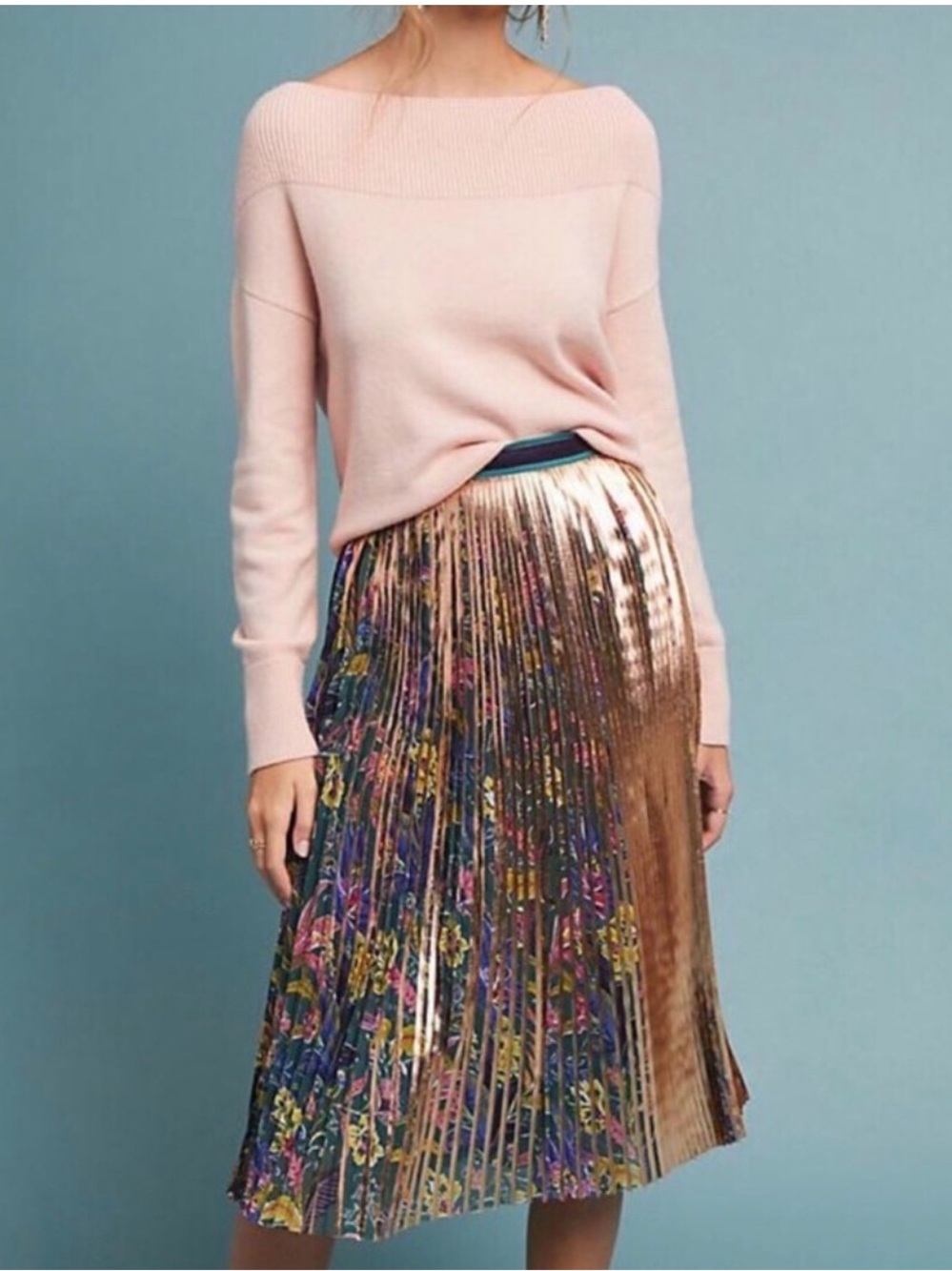 Anthropologie Metallic Gold & Floral Pleated Midi Skirt